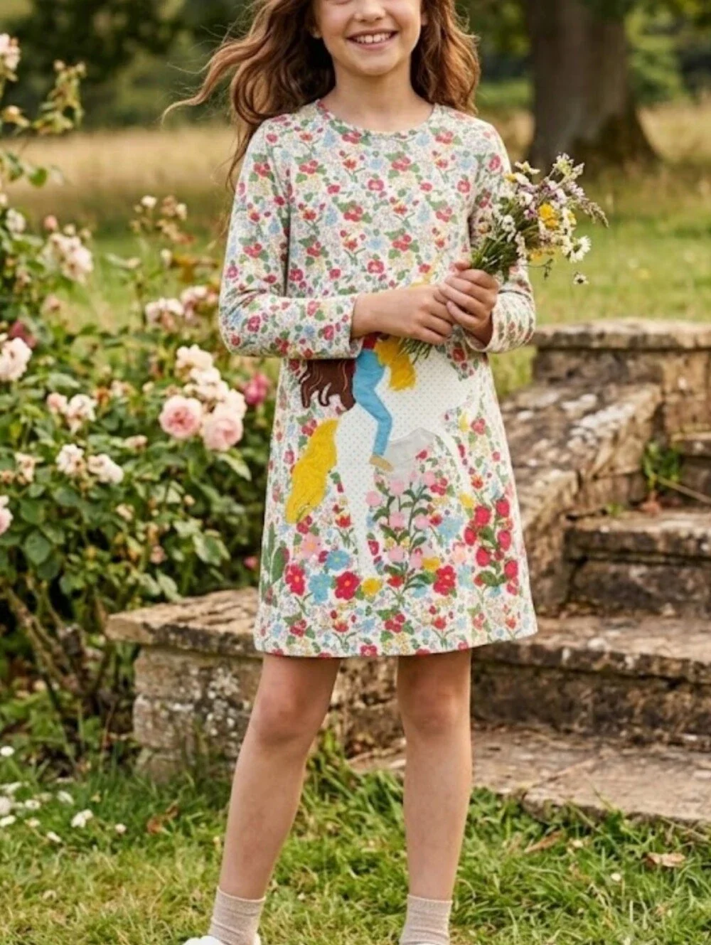 MINI BODEN Girls Floral Unicorn Ride Patch Dress 9-10Y